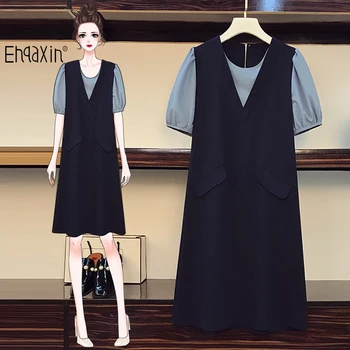 EHQAXIN Ljetno Novo Donje haljina, Moderan Kontrasta u Boji haljina s V-izrez, Pojedinačne Haljina Trapeznog Oblika Srednje Dužine Za Žene L-5XL