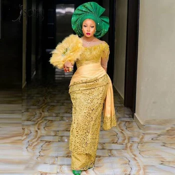 Elegantan Zlatno Čipkan Večernja Haljina Sirena U Stilu Aso Ebi, Nigerijski Haljina Za Prom, Duga Do Poda, Afrički Ženski Večernje Haljine Po Mjeri