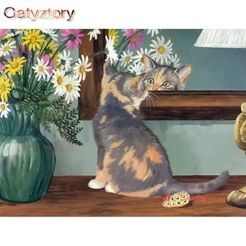 GATYZTORY Okvir Cvijet Mačka DIY Slika Po Brojevima Krajolik Ručno Oslikana Uljem Moderna Kućni Umjetnost Platnu Bojanje 60x75 cm