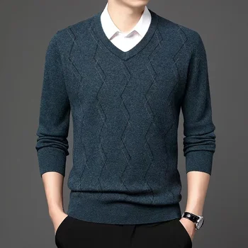 High-end džemper od 100% čiste vune, muški tople pletene pulover s V-izrez, jesensko-zimskom novi poslovni muški džemper srednje dobi