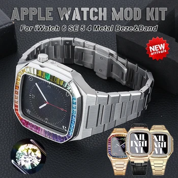 Kožni Komplet Modifikacija sa Dijamantima Za Apple Watch Series 6 SE 5 4 Luksuzni Kućište Od Nehrđajućeg Čelika iWatch 44 mm 40 mm Gumeni Remen