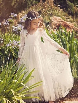 Romantična i Slatka haljina Trapeznog oblika s cvjetnim uzorkom Za djevojčice, V-oblika dekoltea, Dužine do poda, s čipkom, Slatka Vjenčanje haljine za zabave, od 3 do 16 godina