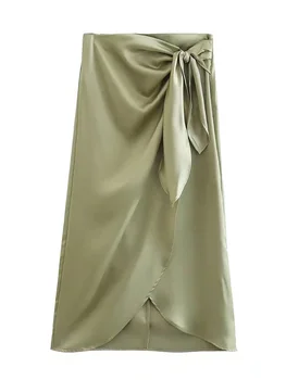 Suknje Za Žene, Odjeća 2022, Funky Suknja midi s Prorezom Sprijeda, midi Suknja s Visokim Strukom, Elegantan Vintage Satin Suknja-sarong s Mirisom